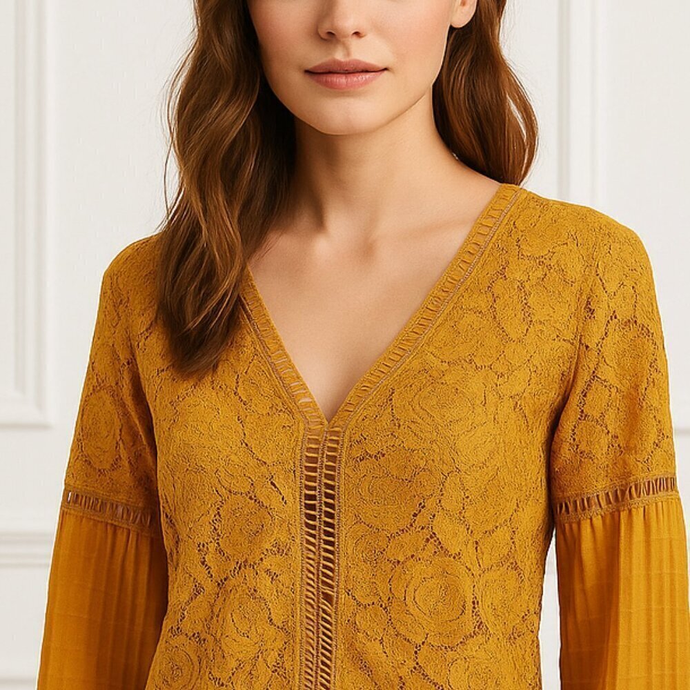 NSR Lace V Neck Tie Sleeve Top Marigold